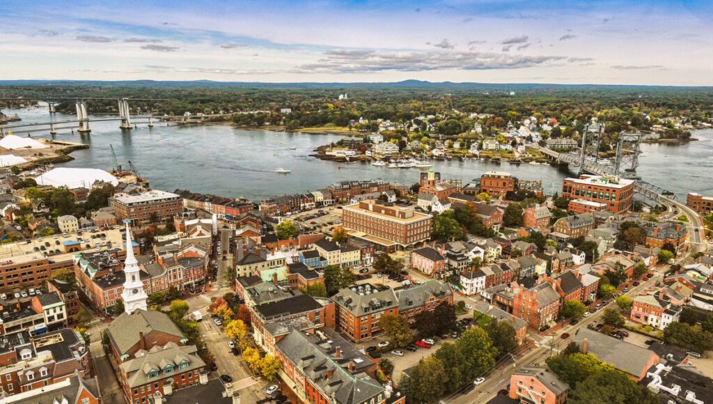 portsmouth metal — Aerial view of historic buildings around Downtown Portsmouth in New Hampshire in the fall