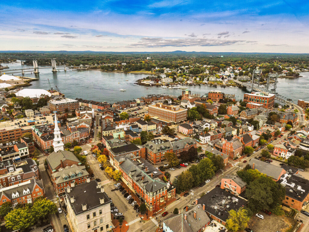 portsmouth metal — Aerial view of historic buildings around Downtown Portsmouth in New Hampshire in the fall